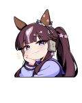 1girl absurdres animal_ears blunt_bangs blush brown_hair closed_mouth commentary_request cropped_torso ear_covers hair_between_eyes hair_ornament head_rest highres horse_ears horse_girl jorang_(jorang08) korean_commentary long_hair long_sleeves looking_at_viewer lucky_lilac_(umamusume) purple_eyes purple_sailor_collar purple_shirt sailor_collar sailor_shirt school_uniform shirt side_ponytail simple_background smile solo tracen_school_uniform umamusume 