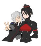  2girls ;d android ariane_yeong arms_behind_back black_hair black_hat black_jacket blue_eyes cropped_torso elster_(signalis) hat highres jacket looking_at_viewer metal_skin multiple_girls omnlet one_eye_closed open_mouth red_eyes short_hair signalis simple_background skin_seams smile upper_body v white_background white_hair 