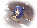  :&lt; bangs barefoot blue_bow blue_eyes blue_hair blue_skirt blush bow bowl box brown_hoodie cardboard_box day eyebrows_visible_through_hair hair_between_eyes hair_bow hemogurobin_a1c hood hood_down hoodie in_box in_container looking_away looking_up outdoors parted_lips pleated_skirt sitting skirt snow snowing solo touhou triangle_mouth water yorigami_shion 