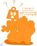  2016 3ds 4_toes ? animate_inanimate anthro barefoot breasts buddythesketcher english_text featureless_breasts feet female foot_focus humanoid humanoid_feet looking_at_viewer navel nintendo not_furry orange_skin shopping_bag shopping_bag_(3ds) shrug signature simple_background soles solo text toes toony video_games 