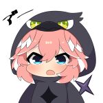  1girl bird_costume blue_eyes blush character_costume chibi chibi_only commentary_request crow_(la+_darknesss) double-parted_bangs hair_between_eyes head_wings hololive multi-source_commentary onesie open_mouth pink_hair pink_wings raised_eyebrows simple_background solo surprised takane_lui twumi virtual_youtuber white_background wings 