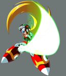  1boy android arm_cannon armor artist_logo blonde_hair blue_eyes chest_jewel energy_sword forehead_jewel full_body gloves grey_background helmet highres holding holding_sword holding_weapon jewelry logo long_hair mega_man_(series) mega_man_x_(series) open_mouth ponytail red_armor red_helmet robot robot_ears screaming shoulder_armor simple_background solo strike_sketch sword teeth very_long_hair weapon white_gloves z_saber zero_(mega_man) 