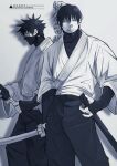  2boys absurdres closed_mouth commentary_request father_and_child father_and_son fushiguro_megumi fushiguro_touji highres holding holding_sword holding_weapon japanese_clothes jujutsu_kaisen katana male_focus mask mask_pull mouth_mask multiple_boys ninja_mask pants parent_and_child parted_lips scabbard scar scar_on_face scar_on_mouth shadow sheath sheathed short_hair simple_background spiked_hair standing sword teeth translation_request tune_oekk watermark weapon white_background 