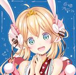  animal_ears blonde_hair blue_background blush bunny_ears catbell green_eyes hands_together long_hair looking_at_viewer open_mouth shironeko_project smile solo tsukimi_(shironeko_project) 