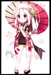  black_border blush border eyebrows_visible_through_hair holding holding_umbrella looking_at_viewer original parasol parted_lips pink_eyes puffy_short_sleeves puffy_sleeves sandals short_hair short_sleeves shu_(pjxv7485) solo thighhighs umbrella white_hair white_legwear 