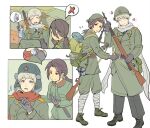  2boys alcohol axis_powers_hetalia backpack bag baggy_pants bandaged_leg bandages belt black_boots black_gloves black_necktie blush boots border bottle brown_belt brown_eyes brown_hair buttons china_(hetalia) closed_eyes closed_mouth coat dagger flower flying_sweatdrops from_behind from_side full_body fur-trimmed_headwear fur_trim gloves green_background green_bag green_boots green_coat green_hat green_jacket green_pants grey_gloves grey_hair grey_pants gun hair_between_eyes hands_up hat hat_ornament helmet highres holding holding_bottle holding_gun holding_weapon jacket knife lapels long_hair long_sleeves looking_at_another looking_at_viewer looking_down low_ponytail male_focus military military_hat military_jacket military_uniform multiple_boys multiple_views necktie open_mouth orange_eyes outside_border pants pillow pink_flower pocket ponytail potato233cat purple_eyes red_scarf rifle russia_(hetalia) scarf shirt short_hair sidelocks simple_background sitting smile sniper_rifle soviet_army speech_bubble spoken_object spoken_x standing star_(symbol) star_hat_ornament sweatdrop teeth upper_body ushanka v-shaped_eyebrows vodka weapon weapon_on_back white_background white_border white_scarf white_shirt 