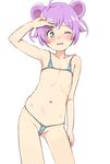  ahoge areolae arm_at_side bangs bare_arms bare_shoulders bikini blue_bikini collarbone contrapposto double_bun eyebrows_visible_through_hair flan_(harry_mackenzie) green_eyes groin manaka_lala micro_bikini navel one_eye_closed parted_lips pretty_(series) pripara purple_hair simple_background solo standing swimsuit v wavy_mouth white_background 