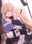  2girls absurdres animal_ears apron aticsanir black_bow black_dress blonde_hair blue_shawl bow brown_eyes brown_hair cat_ears cat_tail commentary_request dress fake_animal_ears fake_tail hair_between_eyes hair_bow hair_ornament hairclip highres hug jervis_(halloween)_(kancolle) jervis_(kancolle) kantai_collection long_hair low_twintails multiple_girls one_eye_closed shawl tail tashkent_(kancolle) twintails very_long_hair waist_apron white_apron 