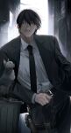  1boy absurdres alternate_costume animal bandaid bandaid_on_cheek bandaid_on_face belt black_belt black_hair black_jacket black_necktie cat commentary_request dress_pants dress_shirt formal_clothes fushiguro_touji highres holster jacket jujutsu_kaisen male_focus necktie parted_lips scar scar_on_face scar_on_mouth shirt short_hair solo suit_jacket teeth thigh_holster tune_oekk white_shirt 