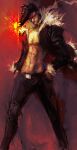  1boy abs absurdres belt belt_buckle black_belt black_hair black_jacket black_pants buckle cigarette cropped_legs cursed_energy_(jujutsu_kaisen) dog_tags fur_trim hands_in_pockets highres ishigori_ryu jacket jujutsu_kaisen kyezzzz looking_to_the_side muscular muscular_male open_clothes open_jacket pants pectorals pompadour red_background smoke smoking solo solo_focus topless_male white_fur wind 