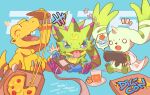 765_nanami agumon blue_background commentary controller digimon digimon_(creature) english_commentary food game_controller gecko gekkomon gomamon group_picture heart highres holding holding_controller holding_food holding_game_controller lizard mixed-language_text pizza pizza_box terriermon terriermon_joshu thank_you 