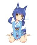  1girl :o animal_ear_fluff animal_ears arms_between_legs bare_legs barefoot blue_hair blush eyebrows_visible_through_hair floral_print fox_ears fox_girl fox_tail full_body head_tilt japanese_clothes kimono long_sleeves looking_at_viewer low_twintails obi original sasaame sash short_kimono short_yukata simple_background sitting solo tail triangle_mouth twintails v_arms wariza white_background yellow_eyes yukata 