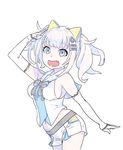  :d a.i._channel absurdres animal_ears arm_up bare_shoulders black_neckwear blue_eyes bow bowtie boyshorts breasts cat_ears contrapposto cosplay detached_sleeves eyebrows_visible_through_hair eyeshadow fang hair_ornament hairclip highres kaguya_luna kaguya_luna_(character) kizuna_ai kizuna_ai_(cosplay) large_breasts looking_at_viewer makeup multicolored multicolored_eyes nagisa_kurousagi navel open_mouth pink_eyes pink_hair sailor_collar salute school_uniform serafuku shirt short_hair sleeveless sleeveless_shirt smile solo standing twintails virtual_youtuber white_sailor_collar white_shirt 