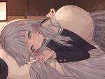  breasts commentary_request curvy grey_hair hair_ribbon large_breasts light_smile moco_(moco_28) on_bed original ribbon school_uniform tented_shirt yuki_onna 