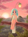  1girl bare_arms barefoot blue_eyes blue_hair dress fairy full_body hand_up holding holding_plant in_tree looking_at_viewer medium_hair minami_juujisei open_mouth original outdoors plant pointy_ears sitting sitting_in_tree sleeveless sleeveless_dress smile solo sun sunset tree white_dress 