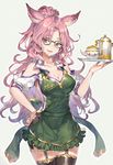  animal_ears apron catherine_(granblue_fantasy) commentary_request erune glasses granblue_fantasy highres long_hair momoko_(momopoco) pink_hair red_eyes smile teapot thighhighs tray waitress zettai_ryouiki 