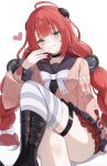  1girl black_sailor_collar blush boots bow braid braided_twintails breasts cardigan chest_bow commentary_request crossed_legs green_eyes hair_ornament heart highres long_hair looking_at_viewer loose_thighhigh low_twin_braids multiple_hair_ribbons pink_cardigan red_hair sailor_collar shirt simple_background single_thighhigh sitting skirt smile sphere_hair_ornament striped_clothes striped_thighhighs tamamorh thigh_strap thighhighs thighs twin_braids twintails ukinami_yuzuha white_background white_bow zenless_zone_zero 
