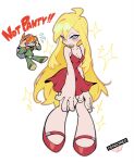  1boy 1girl bb_zatta blonde_hair blue_eyes blush brief_(psg) covered_eyes dress high_heels highres long_hair looking_at_viewer orange_hair panty_&amp;_stocking_with_garterbelt panty_(psg) red_dress short_dress shy_panty_(psg) 