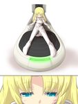  2koma arnval bangs blonde_hair blue_eyes busou_shinki closed_eyes comic commentary_request doll_joints eyebrows_visible_through_hair goma_(gomasamune) highres long_hair opening_eyes parted_bangs shadow sitting 
