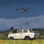  1girl 99_luftballons absurdres air-to-air_missile aircraft airplane bag balloon black_scarf blue_sky bomb brown_bag brown_hair brown_jacket building camera car chinese_commentary cloud cold_war commentary day dr-arche explosive fighter_jet floating_scarf flying from_behind grass handbag highres hill holding holding_camera jacket k-13_vympel license_plate looking_up mig-21 military_vehicle mixed-language_commentary motor_vehicle original outdoors scarf signature sky solo trabant white_car 