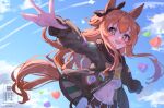 1girl absurdres animal_ears balloon blue_sky blush bomber_jacket bow breasts brown_ribbon cloud crop_top ear_bow green_jacket heart_balloon highres horse_ears horse_girl horse_tail jacket long_hair long_sleeves looking_at_viewer mayano_top_gun_(scramble_zone)_(umamusume) mayano_top_gun_(umamusume) midriff navel open_clothes open_jacket open_mouth orange_hair orange_tail outdoors outstretched_arms ribbon saigyougi shirt shorts sky small_breasts smile solo spread_arms tail two_side_up umamusume white_shorts yellow_shirt 