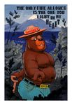  2017 5_fingers anthro bear belly bondagefanart brown_fur bulge clothed clothing detailed_background digital_media_(artwork) english_text forest fur hat holding_object holding_tool jeans looking_at_viewer male mammal mountain musclegut muscular muscular_male navel one_eye_closed outside overweight pants pecs seductive shovel sky slightly_chubby smile smokey_bear solo standing teasing text thick_thighs tight_clothing tight_pants topless tree wink 