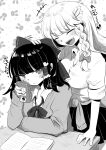  +++ 2girls abuo_(abuosann) alternate_costume blush bow bowtie braid breasts closed_eyes closed_mouth clothes_around_waist collared_shirt commentary_request contemporary desk frilled_bow frilled_hair_tubes frills greyscale hair_bow hair_ornament hair_tubes hakurei_reimu headpat highres holding kirisame_marisa large_breasts long_hair missing_headwear monochrome multiple_girls musical_note open_mouth pleated_skirt school_desk school_uniform shirt side_braid single_braid skirt smile star_(symbol) star_hair_ornament sweater sweater_around_waist touhou translation_request 