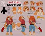 absurd_res anthro axe bandage bandaged_arm belt belt_buckle bite biting_lip blue_eyes bottomwear bovid buckle canid canine caprine cheek_tuft chest_tuft clothing denim denim_bottomwear denim_clothing digit_ring english_text expressions eyebrows facial_hair facial_tuft fangs fox fur gigachad go-two goat goatee hair height_comparison hi_res holding_head holding_object holding_weapon jeans jewelry laugh logo_on_clothing male mammal model_sheet necklace one_eye_closed orange_body orange_fur orange_hair pants pattern_clothing pattern_shirt pattern_topwear pawpads plaid plaid_clothing plaid_shirt plaid_topwear red_clothing red_fox red_shirt red_topwear ring shirt shocked silhouette smile smiling_at_viewer solo tail teeth text thick_eyebrows tool_belt topwear true_fox tuft weapon wedding_ring wink