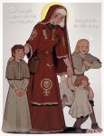  1girl 3others adepta_sororitas blonde_hair blue_eyes blush bolt_pistol brown_hair burn_scar capelet child commentary dress eating elzunix english_text eyebrow_cut good_end grey_capelet halo halo_behind_head highres holding_hands holster holstered jewelry living_saint multiple_others multiple_scars pendant purity_seal rags red_dress red_hood scar scar_on_arm scar_on_cheek scar_on_face scar_on_lip scar_on_mouth scar_on_nose scars_all_over short_hair warhammer_40k white_hair 
