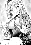  1girl bandaged_fingers bandages blush breasts closed_mouth collared_shirt commentary_request cowboy_shot eyelashes facing_viewer from_below greyscale hair_between_eyes hairband hands_up heaven_burns_red highres holding jacket lap_pillow_invitation large_breasts lips long_hair long_sleeves looking_at_viewer medium_skirt metako_(slime_shop) mimikaki mole mole_under_mouth monochrome murofushi_risa neck_ribbon open_clothes open_jacket outstretched_hand pleated_skirt ribbon shirt sidelocks simple_background sitting skirt smile solo sound_effects twintails very_long_hair 