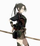  bad_id bad_pixiv_id boots bow_(weapon) brown_hair grey_background grey_hair hageshii_nakano hair_ribbon kantai_collection long_hair pleated_skirt profile quiver ribbon simple_background skirt solo thigh_boots thighhighs twintails weapon zuikaku_(kantai_collection) 