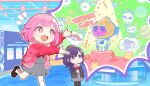  >:) +_+ 2girls :d asahina_mafuyu black_pantyhose blue_eyes blunt_bangs blush_stickers brown_shoes colorful_palette confetti deformed english_text feet_out_of_frame food game_cg grey_serafuku hair_flaps hair_ornament hair_over_shoulder hair_scrunchie high_ponytail highres hood hoodie leg_up loafers looking_up medium_hair miyamasuzaka_girls'_academy_school_uniform multiple_girls neckerchief no_nose notice_lines official_art ootori_emu open_clothes open_hoodie open_mouth orange_scrunchie pantyhose pink_eyes pink_hair pink_hoodie planet ponytail project_sekai purple_eyes purple_hair red_neckerchief sailor_collar salmon school_uniform scrunchie serafuku shoes short_hair sidelocks smile socks standing standing_on_one_leg star_(symbol) sushi swept_bangs taiyaki third-party_source tomoni_true_route_wo_mezashite_(project_sekai) tongue v-shaped_eyebrows wagashi wavy_hair wavy_sidelocks white_sailor_collar white_socks 