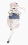  1girl animal_ear_fluff animal_ears bare_shoulders black_ribbon blue_bow blunt_bangs blush bow braid breasts cardigan cleavage clothes_down collar commentary_request detached_collar dress fang fluffy_tail fox_ears fox_girl fox_tail frilled_collar frills full_body grey_cardigan hair_bow hair_ornament heart heart_hands heart_in_heart_hands highres large_breasts leg_up loafers looking_at_viewer mayu_shirasaki multicolored_hair neck_ribbon one_ear_down one_eye_closed open_cardigan open_clothes open_mouth orange_streaks original red_eyes ribbon shoes side_ponytail simple_background single_braid single_sidelock smile solo sorotu standing standing_on_one_leg streaked_hair tail thighhighs thighs tongue tongue_out white_background white_thighhighs zettai_ryouiki 
