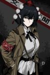  1girl absurdres armband black_hair black_ribbon brown_coat camera closed_mouth coat collared_shirt double-parted_bangs hands_in_pockets hat hauchiwa highres kinoshii-shroom looking_at_viewer neck_ribbon pointy_ears pom_pom_(clothes) red_armband red_hat ribbon shameimaru_aya shirt short_hair solo strap tengu tokin_hat touhou trench_coat upper_body white_shirt 
