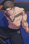  1boy abs absurdres arm_rest black_pants blue_eyes brown_hair chest_tattoo commentary_request forked_eyebrows groin highres luke_sullivan male_focus multiple_scars muscular muscular_male nipples pants pectorals prat_rat scar scar_across_eye scar_on_arm scar_on_cheek scar_on_face short_hair shoulder_tattoo sitting smile solo star_(symbol) street_fighter street_fighter_6 tattoo topless_male 