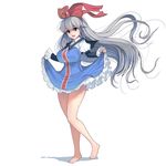  :d bangs bare_legs barefoot blue_dress bow breasts dress eyebrows_visible_through_hair floating_hair frilled_dress frilled_sleeves frills full_body hair_between_eyes hair_bow highres large_breasts layered_sleeves long_hair long_sleeves looking_at_viewer masao open_mouth original puffy_short_sleeves puffy_sleeves red_bow shiny shiny_skin short_sleeves silver_hair simple_background skirt_hold smile solo standing straight_hair very_long_hair white_background wing_collar 