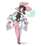 2026 aria_(zenless_zone_zero) armwear black_body black_sclera blush bodily_fluids breasts closed_frown clothing elbow_gloves featureless_feet feet female female_humanoid fez_dipxy fist frown frowning_at_viewer gloves green_bow green_eyes hair handwear hi_res humanoid interrobang joints leaning leaning_sideways legwear looking_at_viewer machine medium_breasts metallic_body metallic_hair mihoyo mouth_closed multicolored_body multicolored_eyes navel_outline one_sock pigtails pink_clothing pink_gloves pink_hair pink_handwear pink_legwear pink_thigh_highs pseudo_hair pupils robot robot_humanoid robotic_leg signature solo speech_bubble sweat sweatdrop thick_thighs thigh_highs unusual_pupils white_body wide_hips yellow_eyes zenless_zone_zero