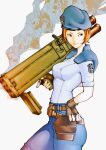  blue_tank_top blue_tube_top clothes_around_waist commentary fingerless_gloves gloves gun handgun holster jill_valentine m1_bazooka multishot_rocket_launcher police resident_evil resident_evil_1 rocket_launcher shoulder_holster strapless tank_top tube_top weapon zerosentakuki 