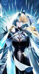  2girls aesc_(fate) aesc_(savior)_(fate) antinese black_bow black_dress black_gloves blonde_hair blue_eyes bow dress dual_persona fate/grand_order fate_(series) fur_trim gloves hair_between_eyes hair_bow highres long_hair looking_at_viewer morgan_le_fay_(fate) morgan_le_fay_(queen_of_winter)_(fate) multicolored_hair multiple_girls ponytail two-tone_hair very_long_hair white_hair 