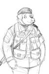  anthro beret black_and_white canadian gun hat hladilnik male mammal military monochrome pig porcine pouch ranged_weapon rifle slightly_chubby smile solo weapon 