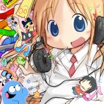  1boy 1girl 1other black_cat blooregard_q_kazoo cat character_name chibi chibi_inset crossover dexter's_laboratory dexter_(dexter's_laboratory) drinking_straw ed_edd_n_eddy foster's_home_for_imaginary_friends headphones highres isaac_(the_binding_of_isaac) lottie_(gravyalloverhim) mameshiba_(character) mameshiba_(series) mametchi musical_note nichijou non-web_source plank_(ed_edd_n_eddy) professor_shinonome sakamoto_(nichijou) shinonome_nano smile tamagotchi the_binding_of_isaac 