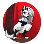 absurd_res alternative_fashion anal_wink anthro anus canid canid_demon canine choker crouching demon feces feces_in_ass feces_pile female genitals hellaverse hellhound helluva_boss hi_res jewelry loona_(helluva_boss) mammal mythological_canine mythological_creature mythology necklace pooping pooping_on_floor pubes red_eyes red_sclera simsom solo vulva white_eyes