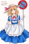  2015 apron bangs blonde_hair blue_dress character_name closed_mouth collared_dress dated dress elbow_gloves eyebrows eyebrows_visible_through_hair eyelashes frilled_apron frilled_gloves frills gloves grey_hat hair_between_eyes hat hat_ribbon highres holding io_(maryann_blue) kana_anaberal legs_apart lifted_by_self long_hair looking_away looking_to_the_side maid_apron no_parking_sign pantyhose red_ribbon ribbon road_sign sign skirt_hold smile solo standing tareme touhou touhou_(pc-98) traditional_media twitter_username watercolor_(medium) white_apron white_gloves white_legwear yellow_eyes 