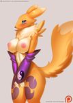  2017 anthro armwear black_nose black_sclera blue_eyes blush breasts bridal_gauntlets clothing digimon dipstick_ears dipstick_tail doomthewolf facial_markings female fur hi_res markings multicolored_fur multicolored_tail neck_tuft nipples nude patreon pink_nipples renamon simple_background solo standing tuft two_tone_fur white_fur yellow_fur yin_yang 