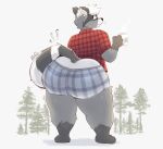 2026 alternate_version_at_source anthro barefoot beverage big_butt boxers_(clothing) butt butt_cleavage butt_focus clothed clothing container cup digital_drawing_(artwork) digital_media_(artwork) ear_piercing evergreen_tree facial_markings feet flannel full-length_portrait fur gloves_(marking) grey_body grey_fur hair head_markings hi_res holding_beverage holding_container holding_cup holding_mug holding_object huge_butt leg_markings looking_back male mammal markings mask_(marking) mug overweight overweight_anthro overweight_male pattern_clothing pattern_shirt pattern_topwear pattern_underwear piercing pine_tree plaid plaid_boxers plaid_clothing plaid_shirt plaid_topwear plaid_underwear plant portrait procyonid raccoon rear_view ring_(marking) ringed_tail shirt signature simple_background socks_(marking) solo standing steam striped_markings striped_tail stripes tail tail_aside tail_markings thedarkfody thick_thighs topwear tree underwear whiskers white_background white_hair zeke_(wonderpuff)