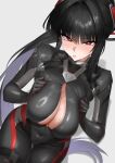  1girl black_bodysuit black_hair blue_archive blush bodysuit breasts breasts_squeezed_together bright_pupils grabbing_own_breast impossible_bodysuit impossible_clothes large_breasts latex latex_bodysuit long_hair looking_at_viewer makarony official_alternate_costume official_alternate_hairstyle open_bodysuit open_clothes ponytail red_eyes ringed_eyes rio_(armed)_(blue_archive) rio_(blue_archive) simple_background skin_tight solo sweat very_long_hair white_background white_pupils 