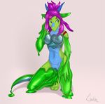  2017 anthro blue_eyes breasts digital_media_(artwork) dragon dragonmanmike female gender_transformation goo hair mekh pink_background purple_hair rubber simple_background solo transformation 