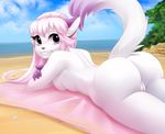  2017 anthro big_butt breasts butt cat cloud collaboration dannyckoo day digital_media_(artwork) feline female fur hair hi_res looking_at_viewer lying mammal nude presenting pussy smile solo treserthefox water 