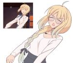  2girls aesc_(fate) aesc_(rain_witch)_(fate) ahoge artoria_pendragon_(fate) braid closed_eyes fate/grand_order fate_(series) glasses hair_between_eyes highres ichigo_berry jewelry long_hair multiple_girls necklace open_mouth saber_(fate) simple_background single_braid white_background 