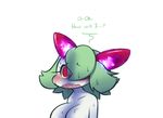  breasts cleavage clothed clothing collarbone dialogue dorian-bc female green_hair hair hair_over_eye kirlia nervous nintendo pok&eacute;mon pok&eacute;mon_(species) red_eyes simple_background solo sweat text video_games white_background 